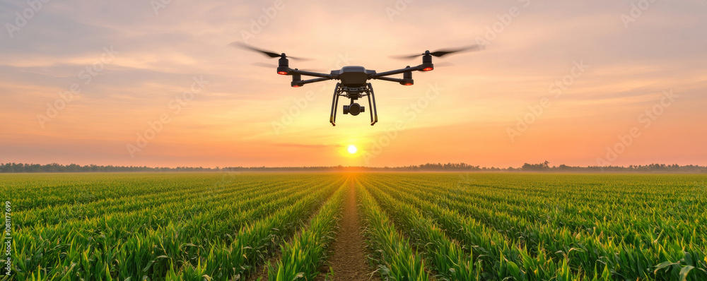 Modern agriculture utilizes drones for precision farming, optimizing crop management at dawn over a vast cornfield Modern agriculture utilizes drones for precision farming, optimizing crop management at dawn over a vast cornfield