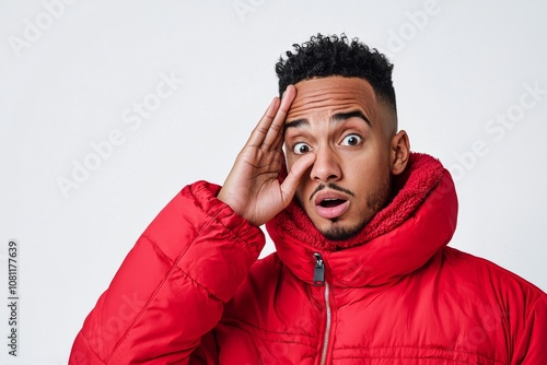 Angry and exhausted handsome black man in red jacket, wiping sweat from forehead. photo