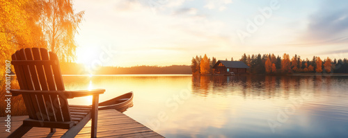 Tranquil lake at sunrise with a wooden adirondack chair on a pier, a canoe nearby, and a rustic cabin on the opposite shore in the autumn