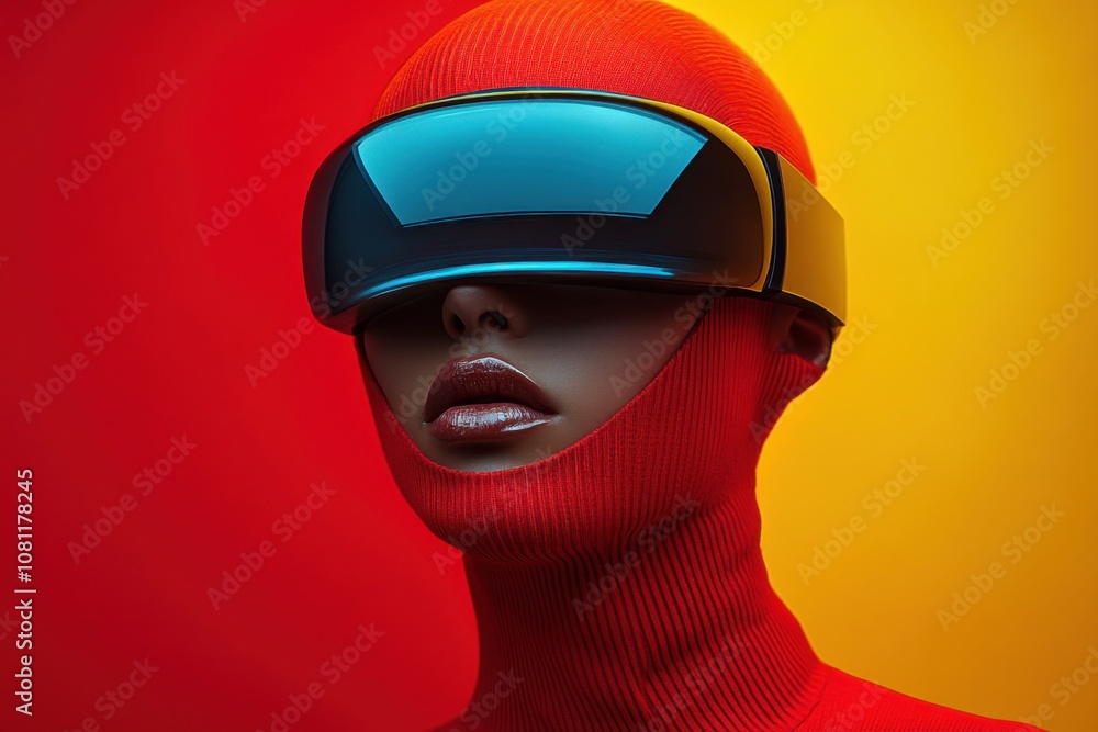 Woman wearing a red turtleneck and a futuristic helmet on a orange and yellow background, creative portrait Woman wearing a red turtleneck and a futuristic helmet on a orange and yellow background, creative portrait