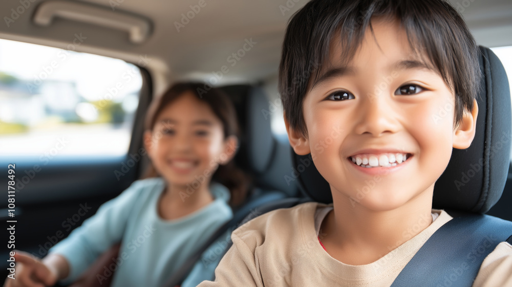 Two joyful kids beaming as they delight in a family road trip from the back seat of a car Two joyful kids beaming as they delight in a family road trip from the back seat of a car