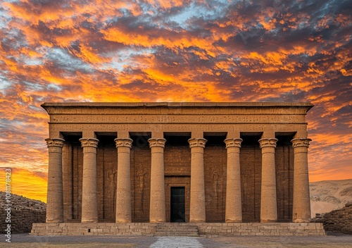 A sunset view of the ruins of the Temple of Kom Ombo on the Nile river, Egypt photo