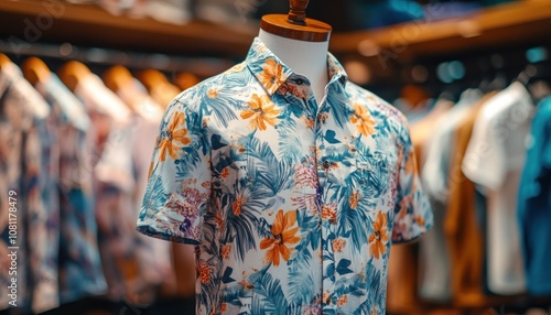 A close-up shot of a white floral print shirt on a mannequin in a clothing store.