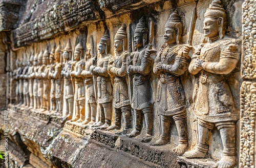 A bas-relief on the wall of the ancient temple Angkor Wat, located in Siem Reap, Cambodia. This is a military scene on the wall of the ancient temple. photo