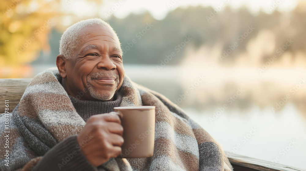 Elderly man wrapped in blanket enjoying a hot beverage by a tranquil lake in autumn Elderly man wrapped in blanket enjoying a hot beverage by a tranquil lake in autumn