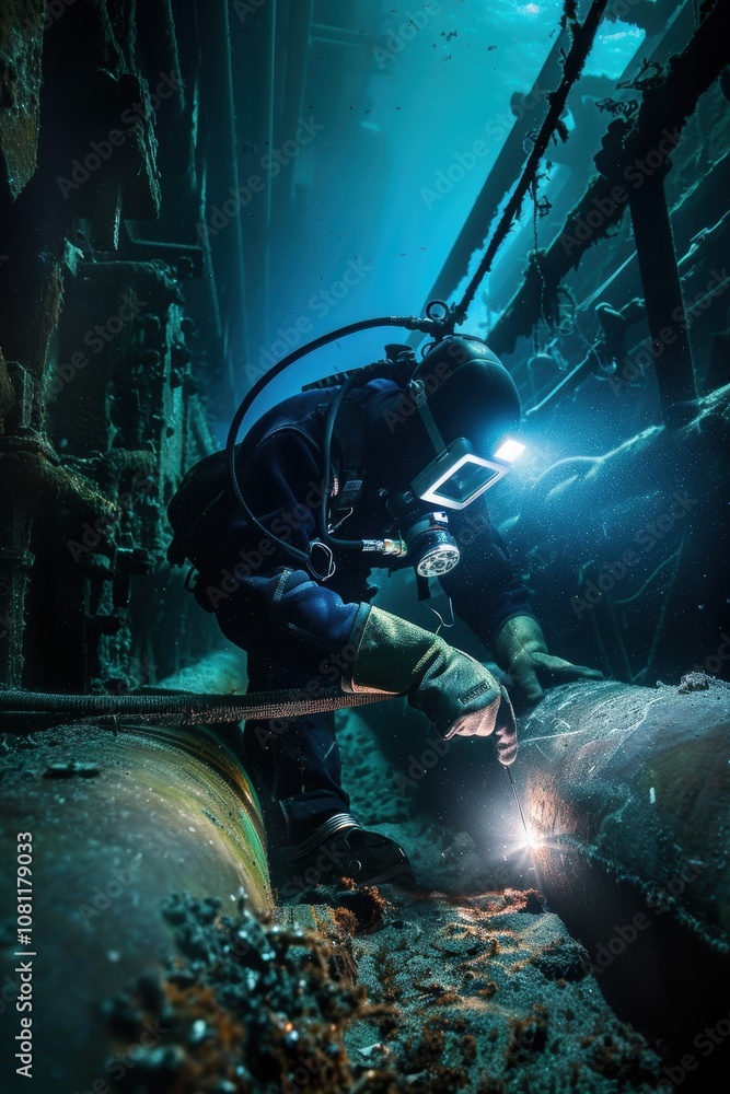 Underwater Welding Operation: Diver Repairing Submerged Pipeline in Challenging Environment