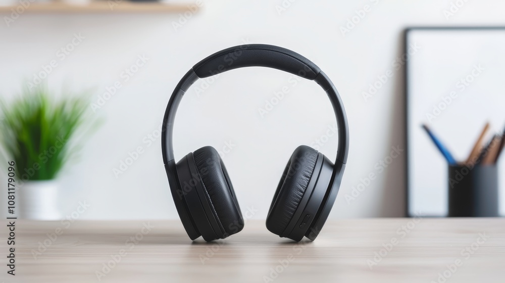 Tech Gadgets for Everyday Life concept. Modern workspace with noise-canceling headphones and sleek tech accessories on desk Tech Gadgets for Everyday Life concept. Modern workspace with noise-canceling headphones and sleek tech accessories on desk