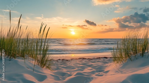 Golden beach sunset landscape capturing the beauty of summer evenings.