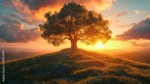 Beautiful tree on the top of a grassy hill under the sky