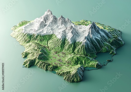 On a light beige background, an extruded 3D political map of Switzerland with relief as marble sculptures