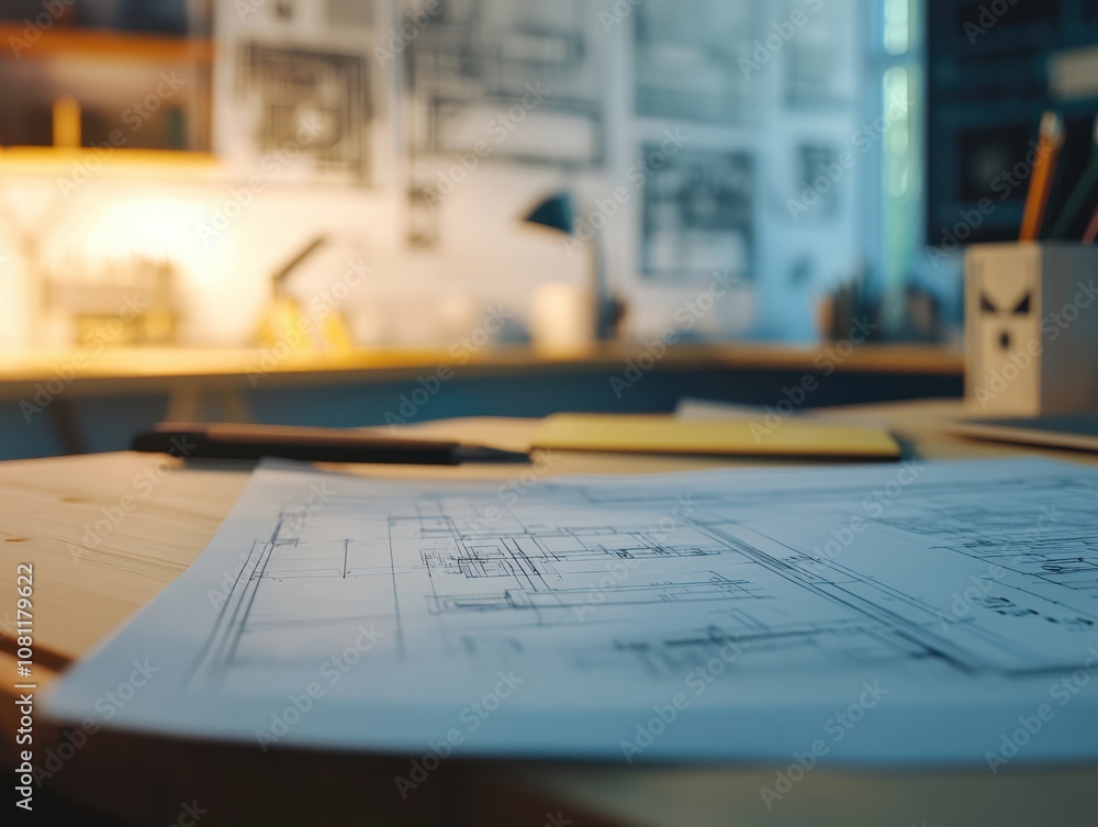 Close-up of a civil engineer's desk with blueprints and construction plans, illustrating a job in civil engineering Close-up of a civil engineer's desk with blueprints and construction plans, illustrating a job in civil engineering