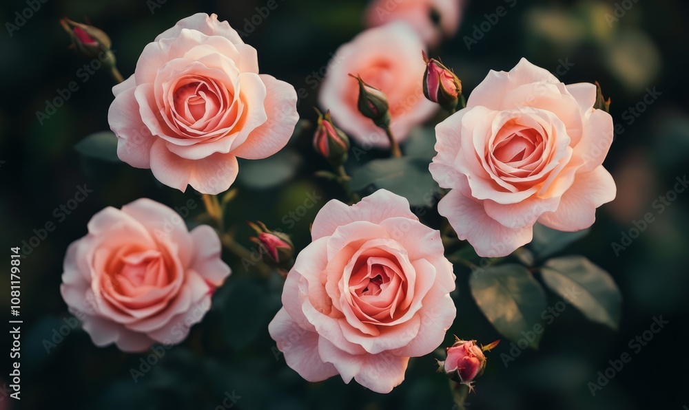 group of pink roses in contrasting light and shadow group of pink roses in contrasting light and shadow