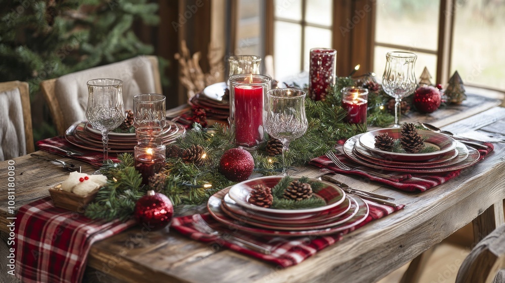 Fototapeta premium Rustic Christmas Table Setting with Red Plaid Napkins, Candles, and Pine Garland