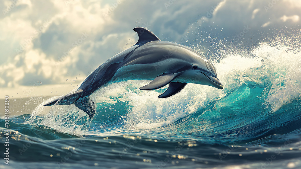 Fototapeta premium dolphin leaps over a wave in the ocean