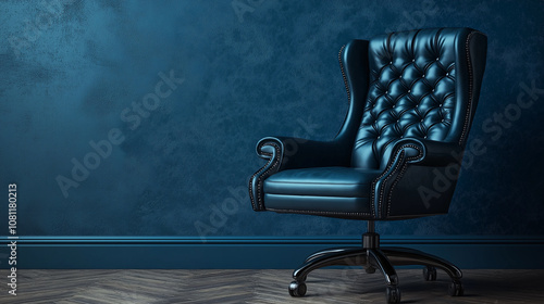 Black leather office chair on a blue background with copy space for text
