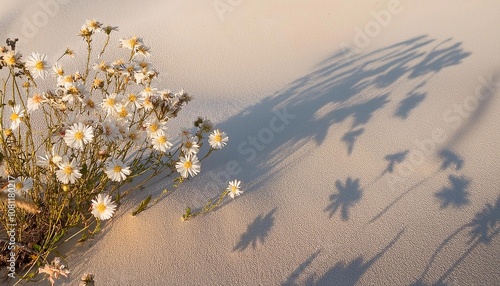 shadow of wild flowers daisies on sand