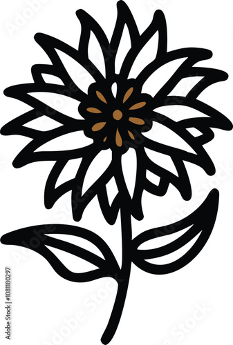 Black outline of a layered starburst flower with leaves, Line art illustration of a starburst flower featuring layered pointed petals and a small dark center, accompanied by two leaves, outlined in bo