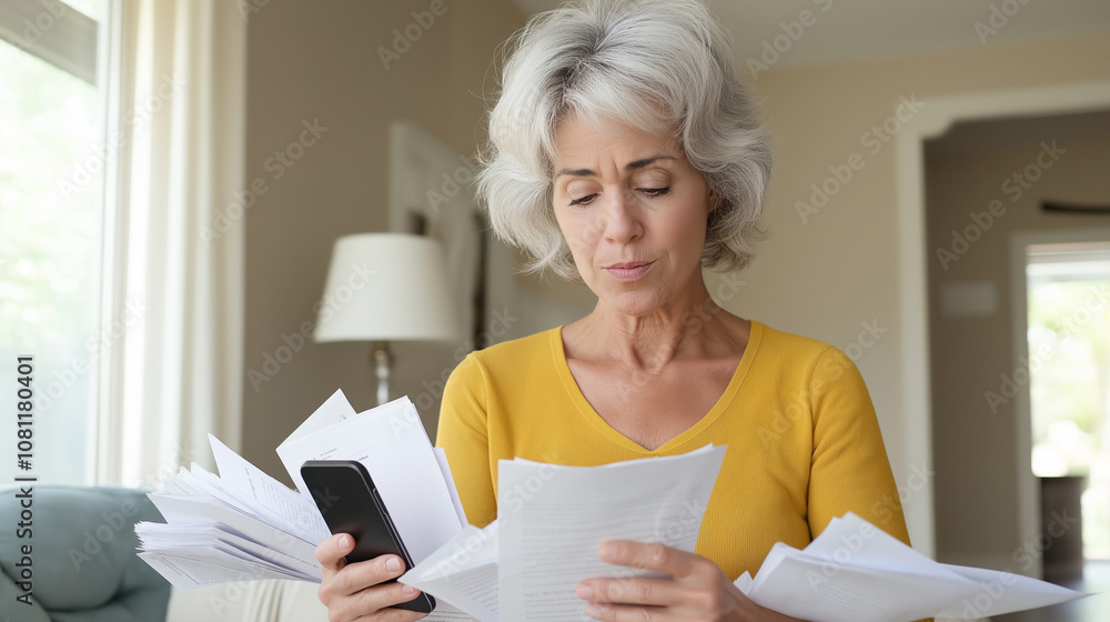 Mature woman using smartphone and documents to manage domestic expenses, plan budget, and calculate taxes Mature woman using smartphone and documents to manage domestic expenses, plan budget, and calculate taxes