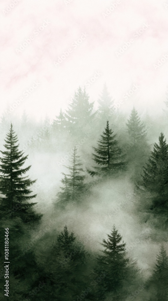 Misty evergreen forest with towering trees and a serene atmosphere, AI Misty evergreen forest with towering trees and a serene atmosphere, AI