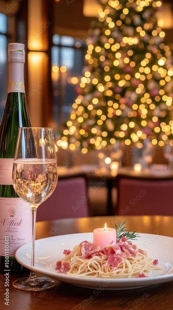 Elegant holiday dining with pasta, wine, and a festive backdrop, AI Elegant holiday dining with pasta, wine, and a festive backdrop, AI