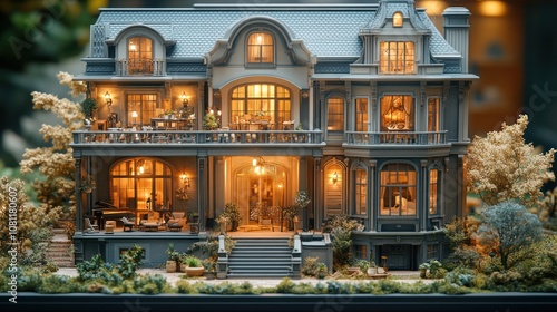 A miniature model of a classic Victorian house with lights on and a balcony, surrounded by miniature greenery.