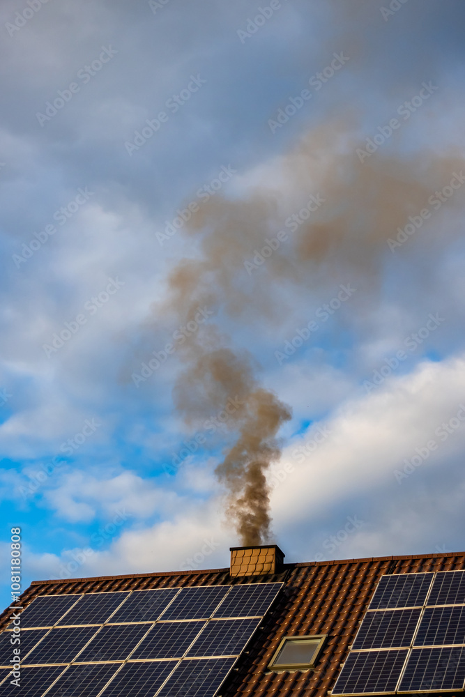Black smoke from the chimney of a single-family home. Roof covered with solar panels. Roof against a blue, slightly cloudy sky.
