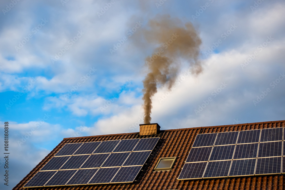 Black smoke from the chimney of a single-family home. Roof covered with solar panels. Roof against a blue, slightly cloudy sky.