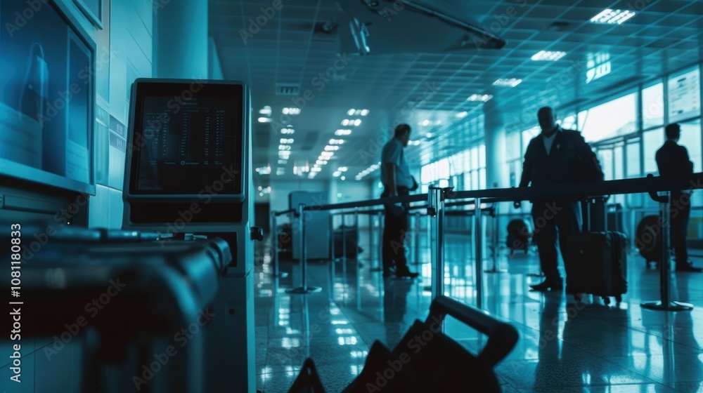 Airport Security Checkpoint with X-Ray Scanner and Officers Monitoring Luggage for Suspicious Items Airport Security Checkpoint with X-Ray Scanner and Officers Monitoring Luggage for Suspicious Items