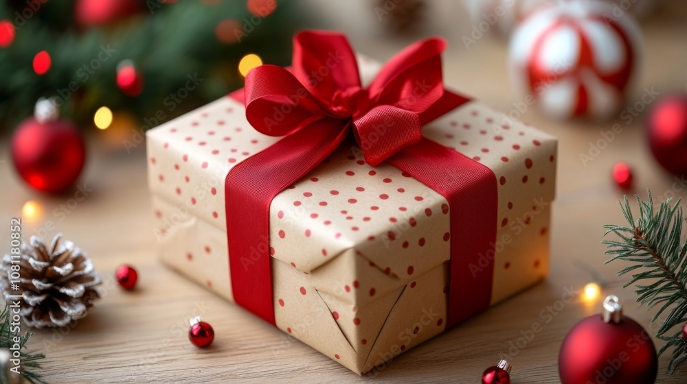 A Red Ribbon Wrapped Gift Box on a Wooden Table A Red Ribbon Wrapped Gift Box on a Wooden Table