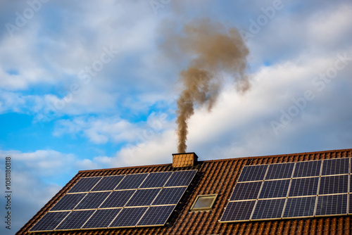 Obraz na płótnie Black smoke from the chimney of a single-family home. Roof covered with solar panels. Roof against a blue, slightly cloudy sky. w salonie