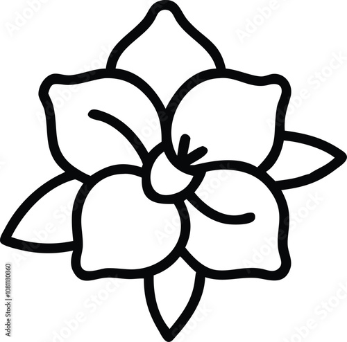 Black outline of a stylized five-petal flower, Minimalistic line art of a stylized flower featuring five broad petals, a central bud, and a bold black outline, showcasing a simple and elegant design.
