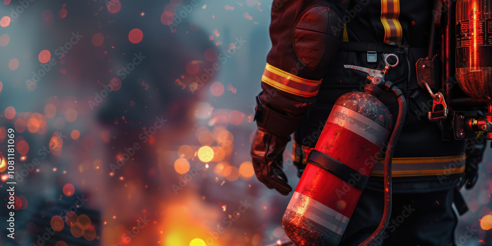 Firefighter Preparedness: Close-Up of Uniform and Gear Amidst Urban Fire Scene Firefighter Preparedness: Close-Up of Uniform and Gear Amidst Urban Fire Scene