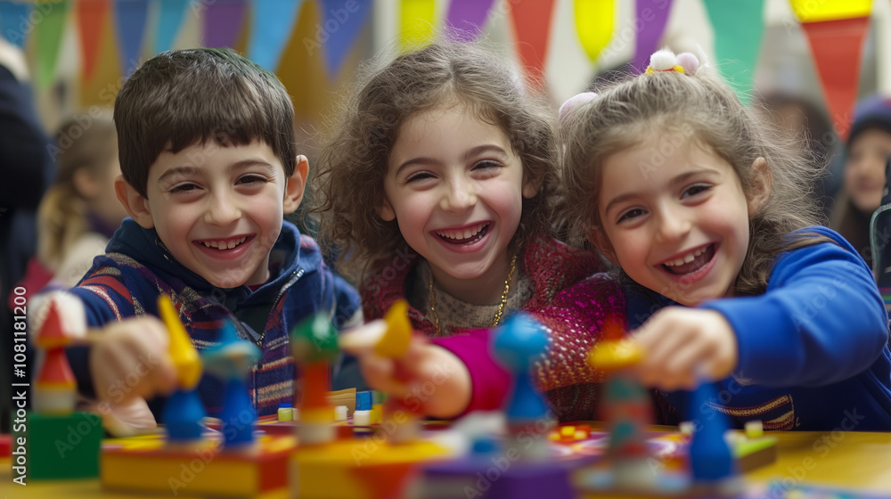 Happy children playing board games at a festive party Happy children playing board games at a festive party