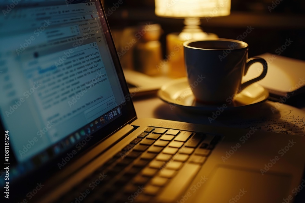 Fototapeta premium Cozy Workspace with Laptop, Coffee Cup, and Notepad Under Warm Ambient Lighting