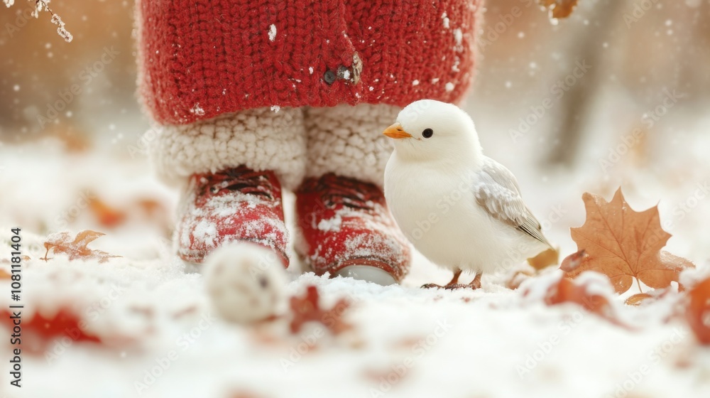 Obraz premium Child in cozy red boots stands in snow beside a small white bird, surrounded by autumn leaves, AI