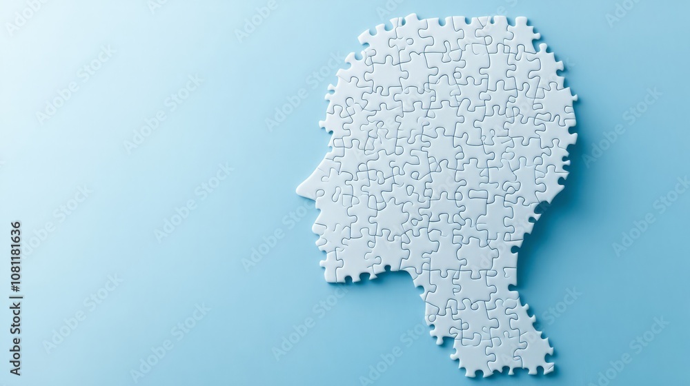 Human head made of puzzle pieces on blue background, concept of mental health and awareness Human head made of puzzle pieces on blue background, concept of mental health and awareness