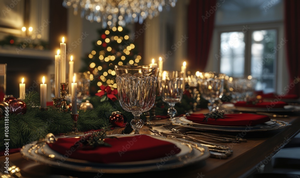 Elegant dining table set for a Christmas feast with candles, greenery, red napkins, and crystal glassware, under a chandelier Elegant dining table set for a Christmas feast with candles, greenery, red napkins, and crystal glassware, under a chandelier