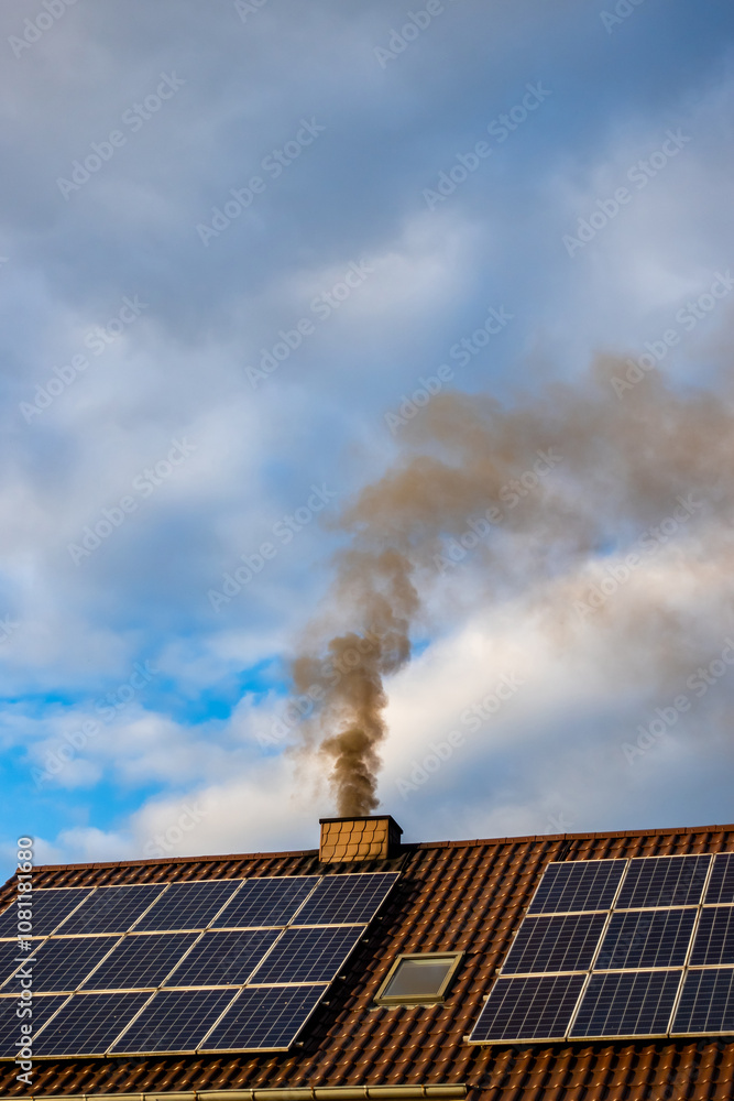 Black smoke from the chimney of a single-family home. Roof covered with solar panels. Roof against a blue, slightly cloudy sky.