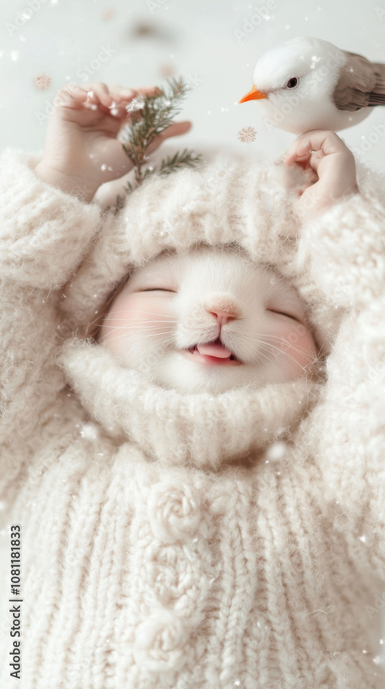 Adorable kitten in cozy sweater enjoys winter with a bird perched on its head, AI Adorable kitten in cozy sweater enjoys winter with a bird perched on its head, AI