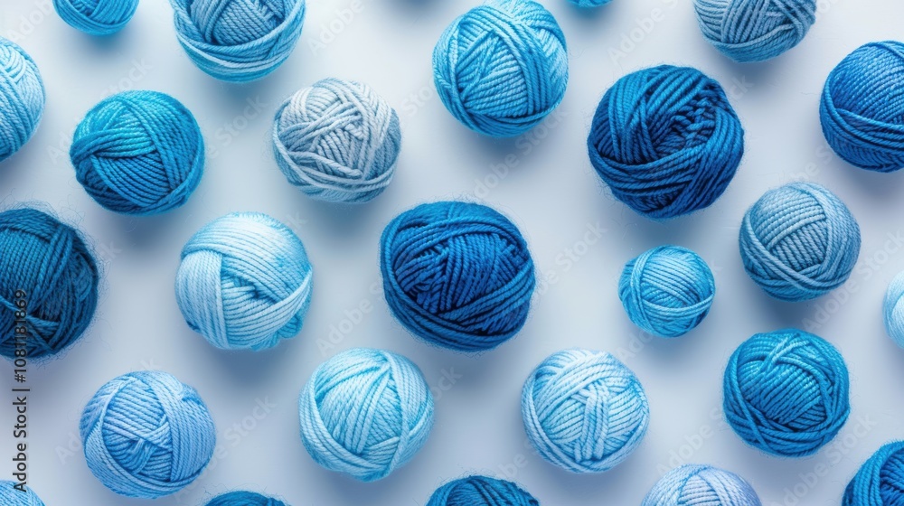 Fototapeta premium Blue Yarn Balls Symmetrically Arranged on White Background for Craft and Design Inspiration