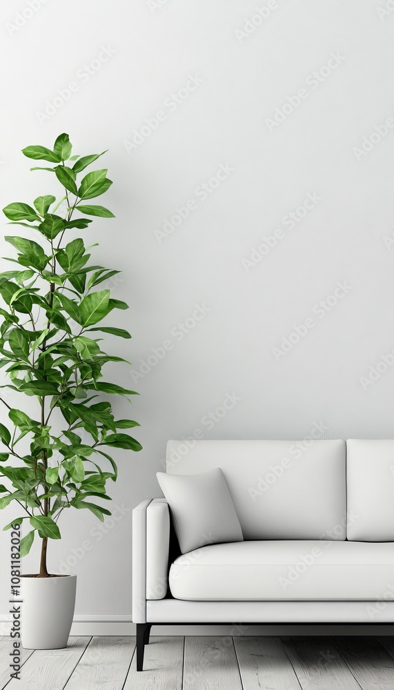 Minimalistic Interior With White Sofa And Ficus Lyrata Plant In Empty Room With Copy Space Minimalistic Interior With White Sofa And Ficus Lyrata Plant In Empty Room With Copy Space