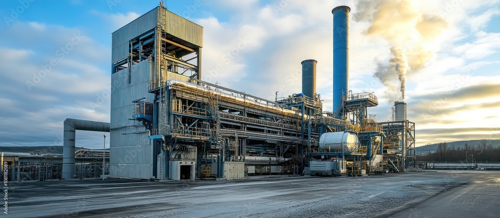 Naklejka premium Industrial complex with tall chimneys releasing smoke into the air.
