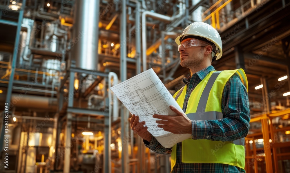 Engineer in a hard hat and safety vest holds blueprints in an industrial plant. He appears to be inspecting or planning within the factory environment Engineer in a hard hat and safety vest holds blueprints in an industrial plant. He appears to be inspecting or planning within the factory environment