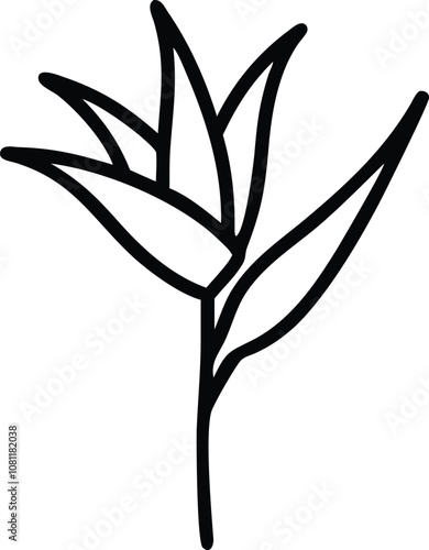 Simple black outline of Bird of Paradise flower, Minimalistic line art illustration of a Bird of Paradise flower with pointed petals and elongated leaves, outlined in bold black for a sleek design.
