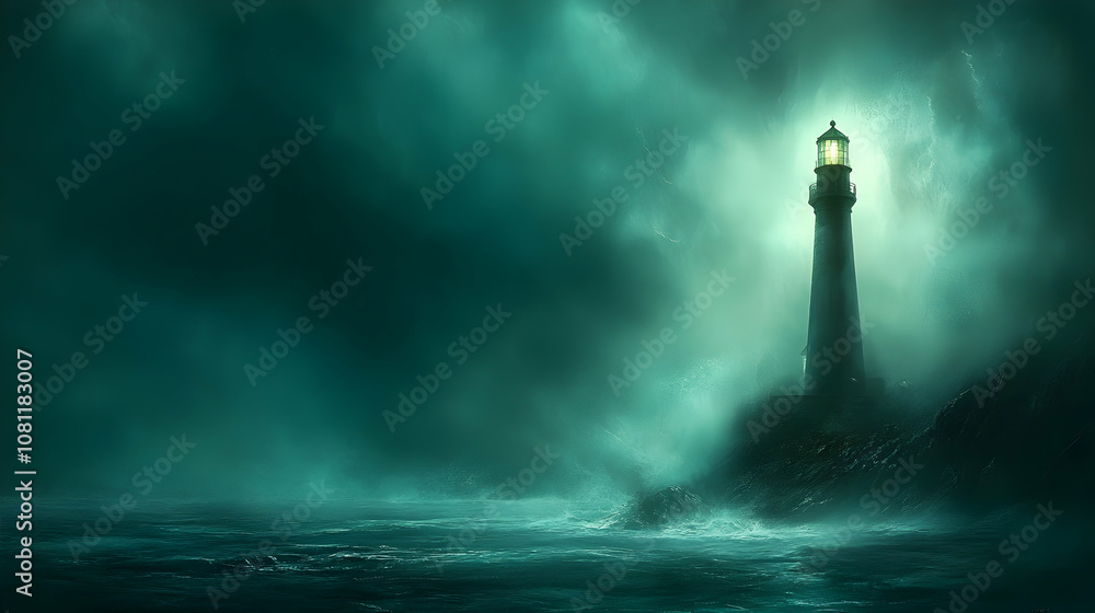 Lighthouse in Stormy Sea at Night, ocean, dark, dramatic, moody, mysterious Lighthouse in Stormy Sea at Night, ocean, dark, dramatic, moody, mysterious