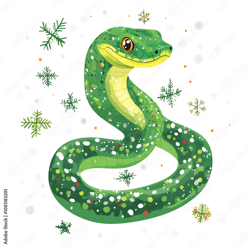 Naklejka premium A festive green snake with a playful expression is surrounded by falling snowflakes, celebrating the winter holiday season