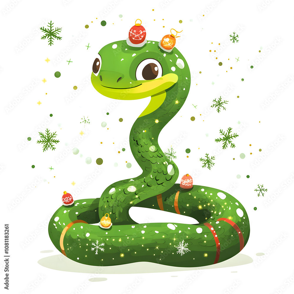 Fototapeta premium A cheerful green snake decorated with ornaments celebrates the festive season in a whimsical winter wonderland