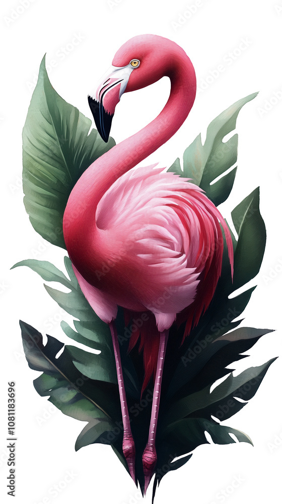 Fototapeta premium Pink flamingo digital illustration and tropical leaves on white background