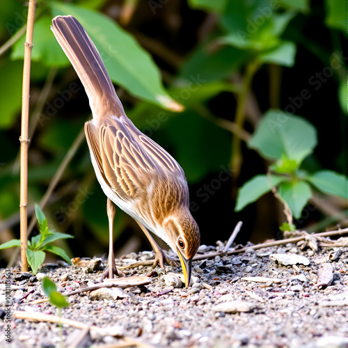 Brown Thrasher (Toxostoma rufum) feeding on the ground photo