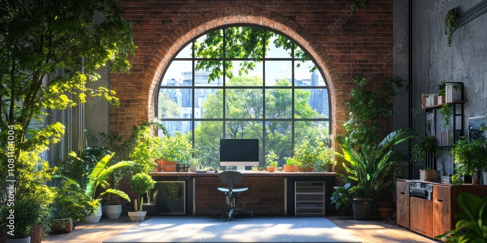 Obraz premium A bright, modern workspace with a large arched window looking out onto lush greenery.